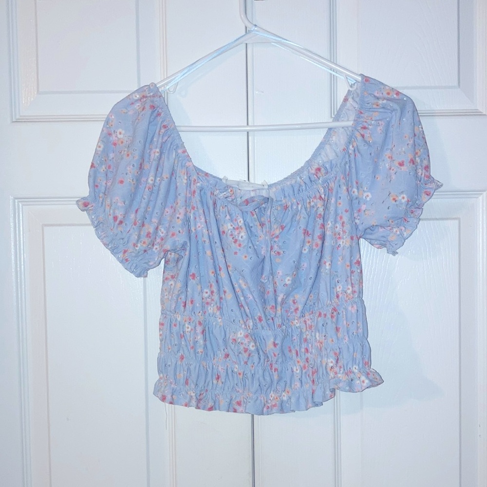 Hippie Rose Crop Light Blue Eyelet Floral Top